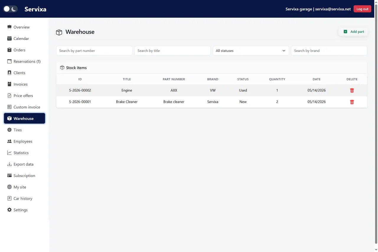 Servixa warehouse inventory list with part quantities and stock alerts