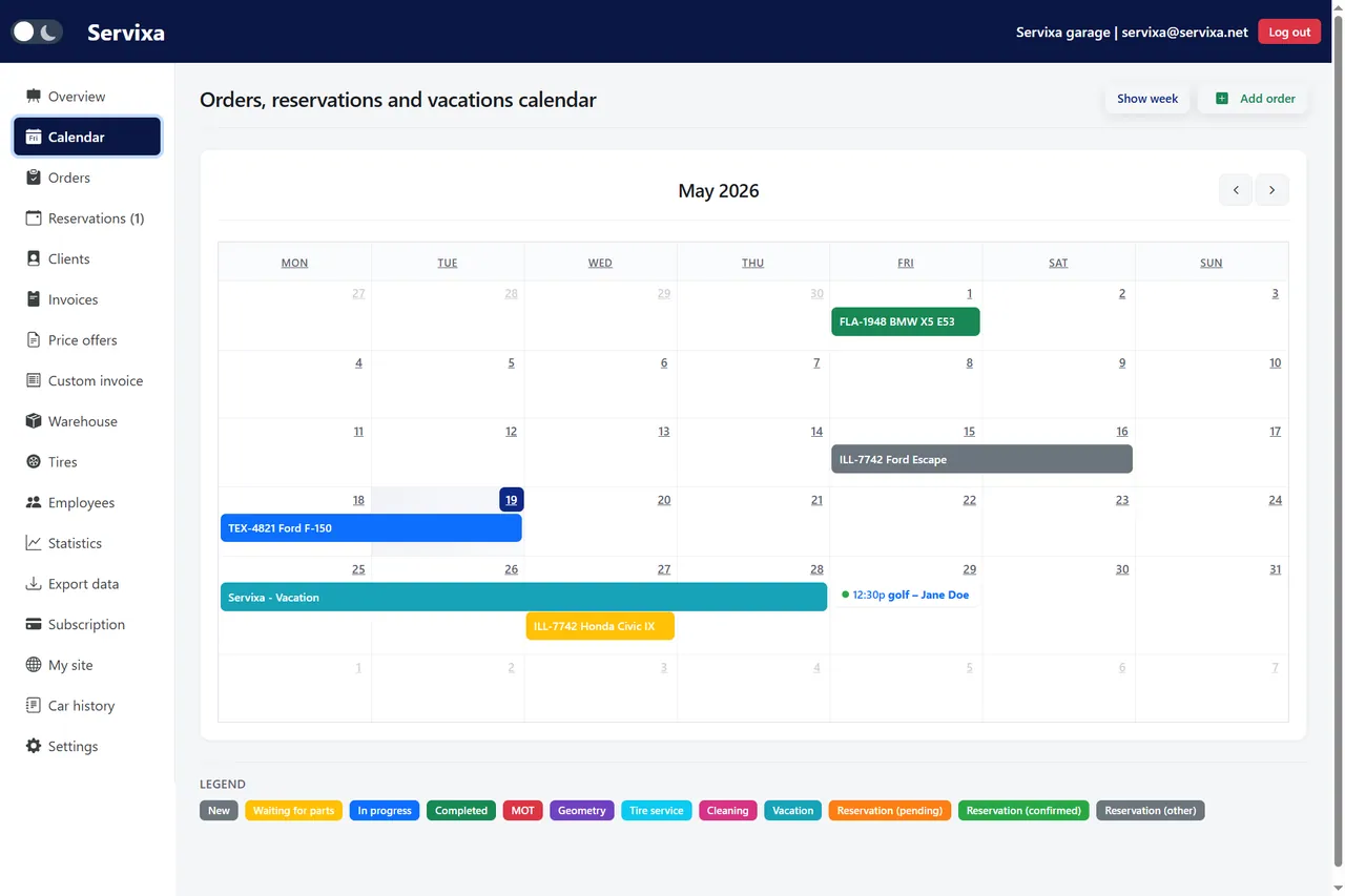 Servixa workshop calendar with monthly service appointments