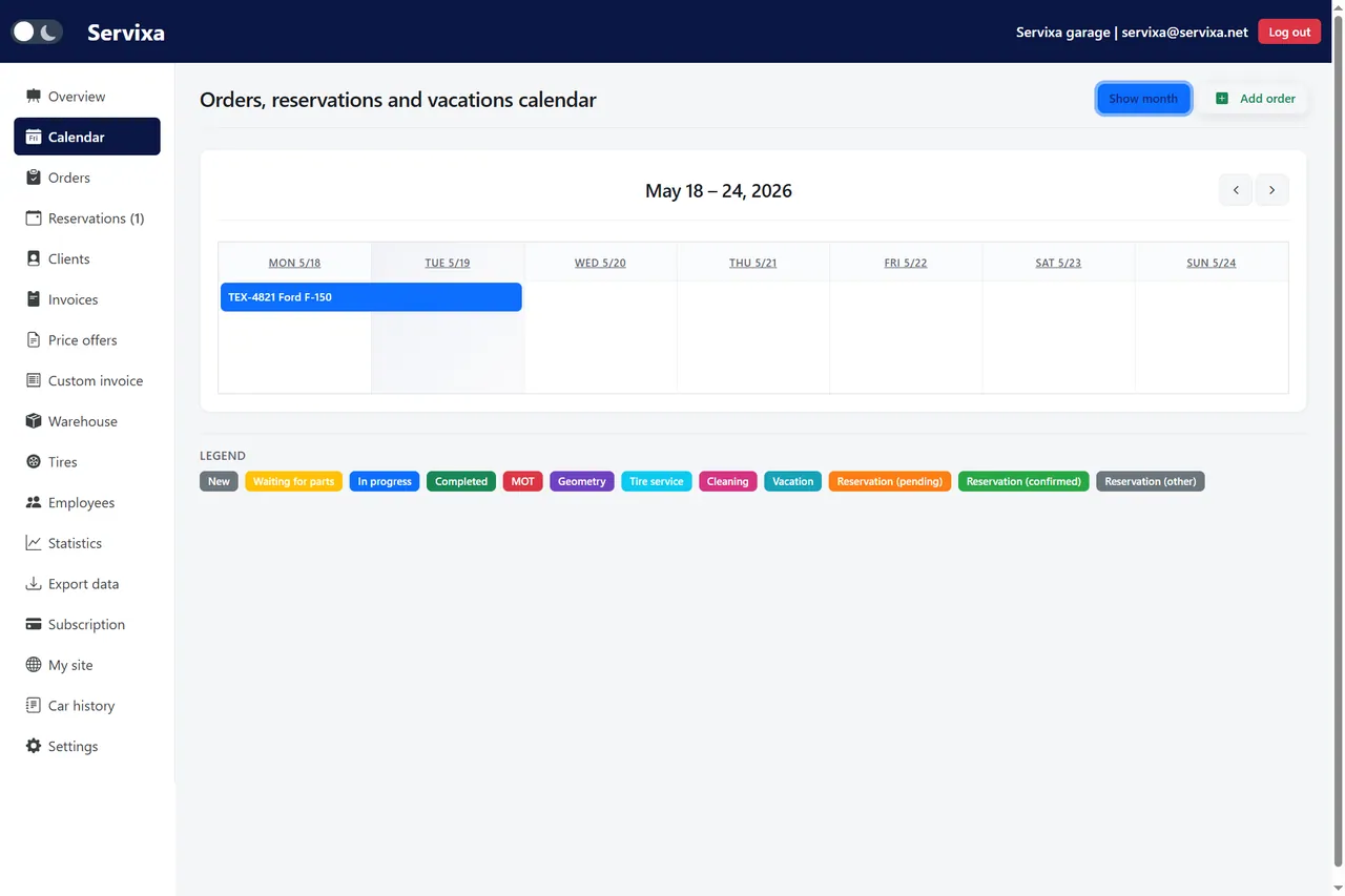 Workshop calendar week view with daily jobs