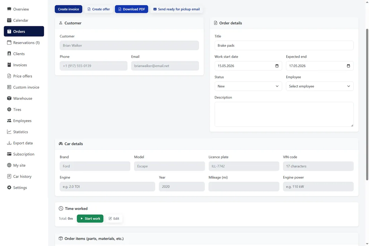 Create repair order from client profile