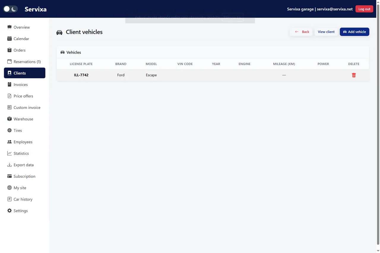 Servixa client profile with linked vehicles and service history