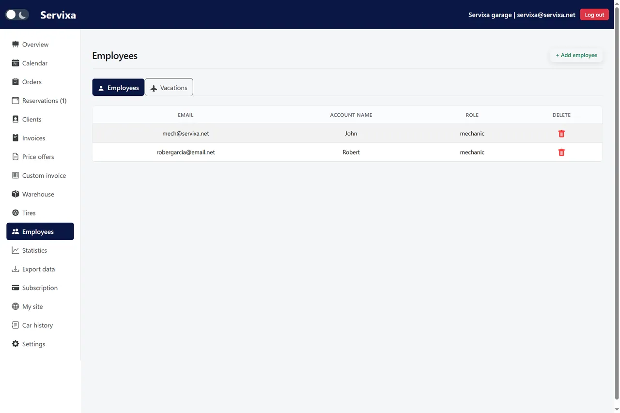 Servixa employee list with roles, permissions, and vacation planning