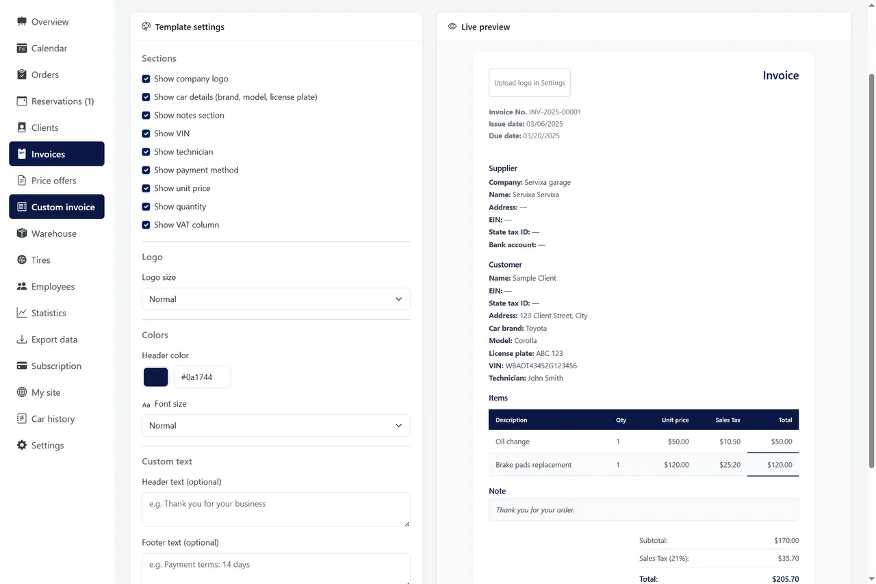 Custom invoice template