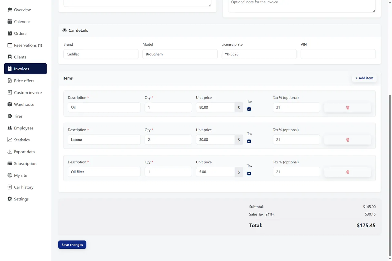 Edit invoice line items and amounts