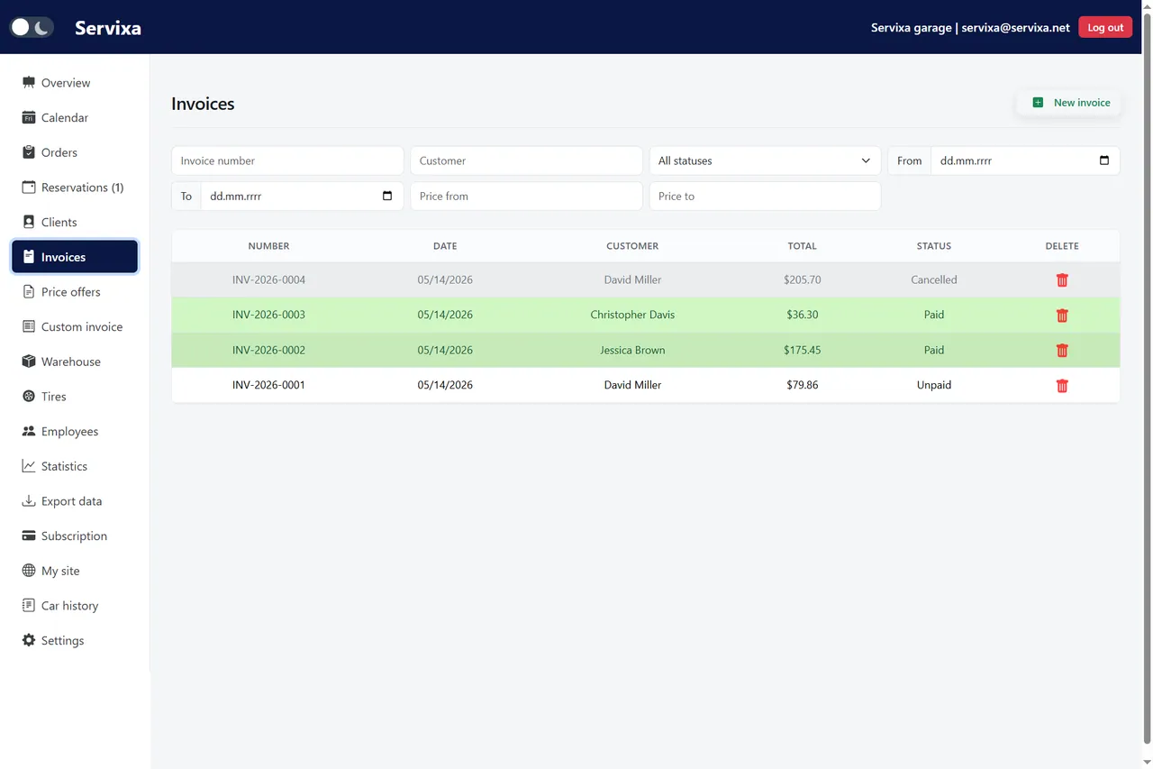 Servixa invoice list for auto repair shop billing and payments