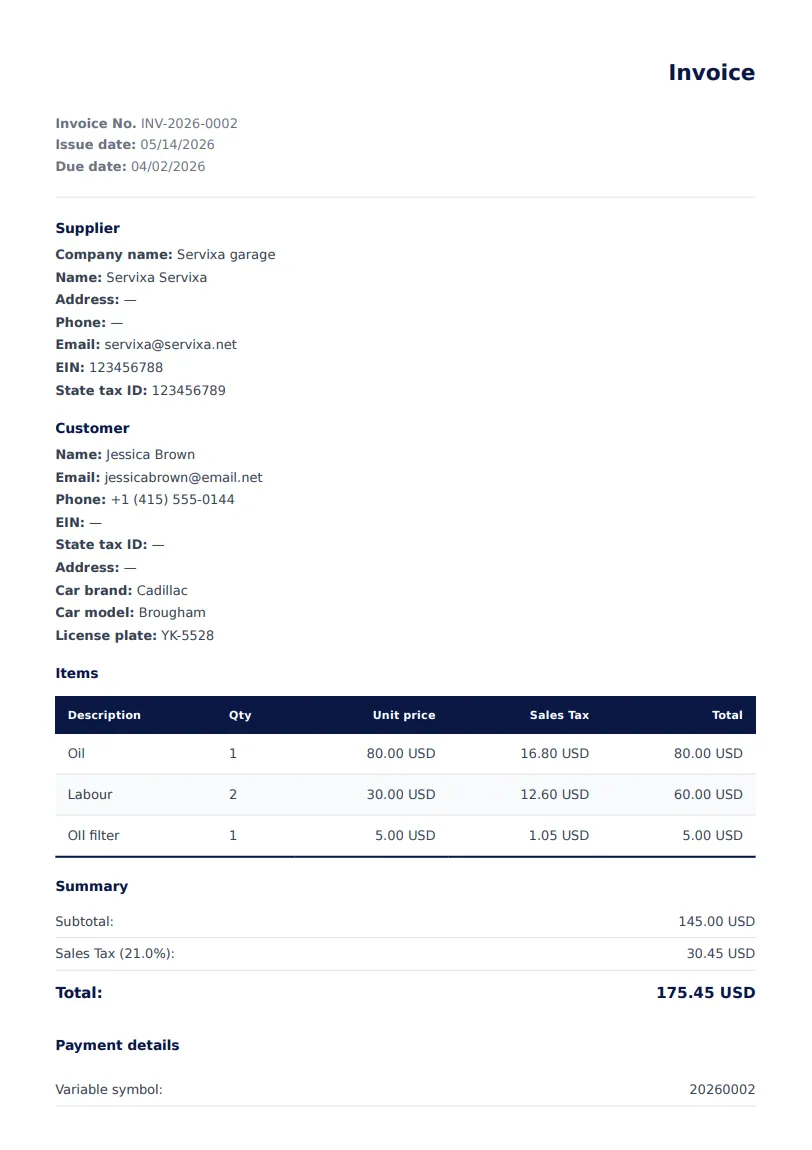 Servixa PDF invoice preview with workshop branding and line items
