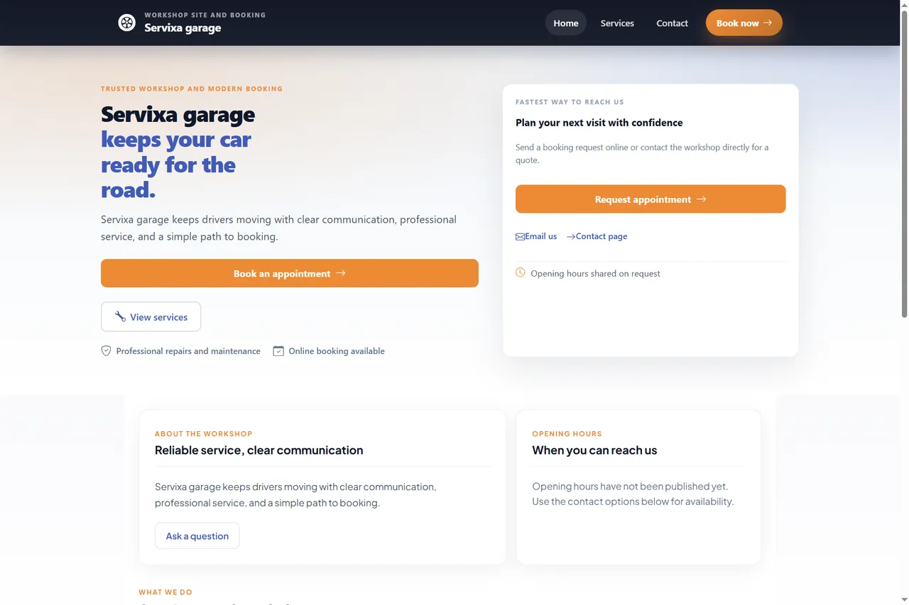 Servixa public garage website with services and online booking button