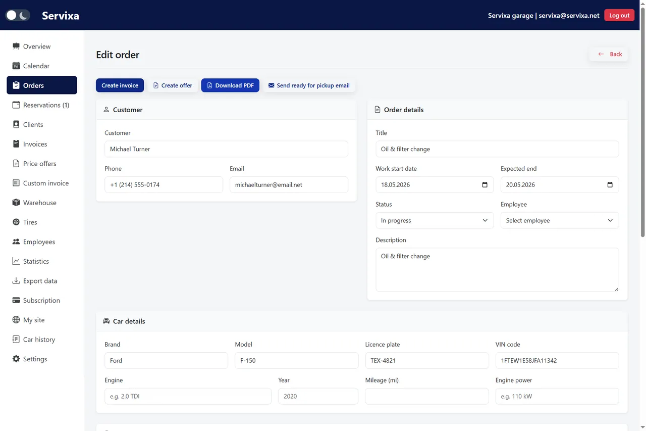 Servixa new repair order form with customer, vehicle, and job details