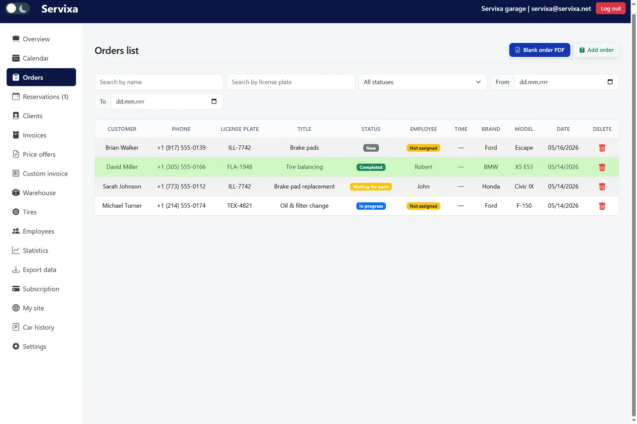 Servixa repair order list tracking job status from intake to completion