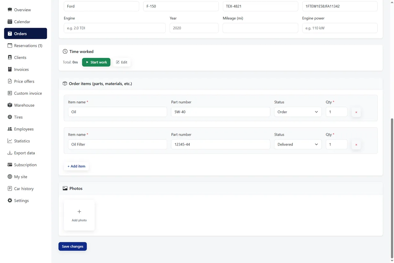 Servixa service order screen with labor time, parts, and photos