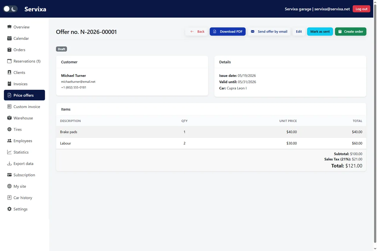Servixa quote document with line items, totals, and validity date
