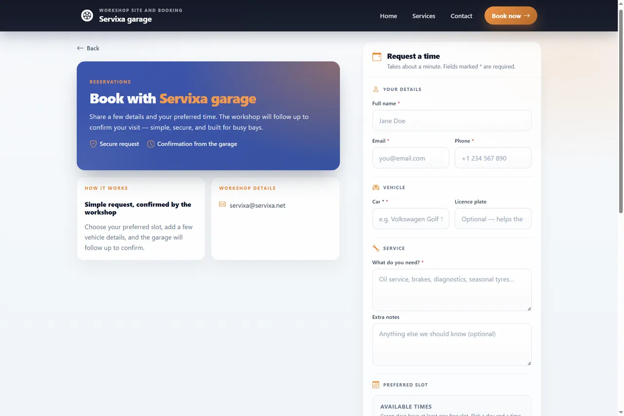 Servixa public booking page where customers schedule a service appointment